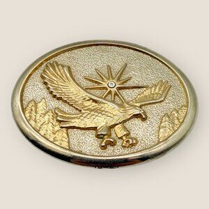 Vintage Oval Gold Soaring Eagle Belt Buckle with Sun Design